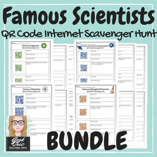 Preview of Scientists Biology, Physics and more QR CODE HUNT BUNDLE +How To Student Video
