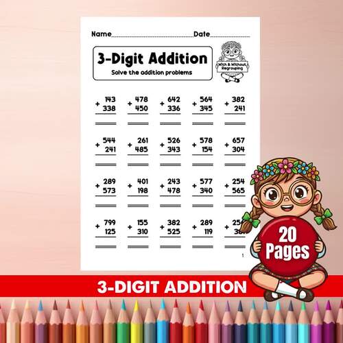 3-Digit Addition Worksheets Spring | With & Without Regrouping | 3rd Grade Math