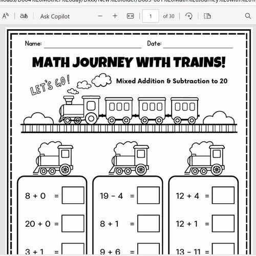 Math Journey with Trains! Mixed Addition & Subtraction to 20 K-2 ...