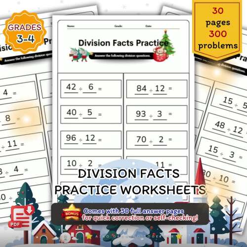 Christmas Division Facts Practice Worksheets up to 100 Great for Grades 3–4