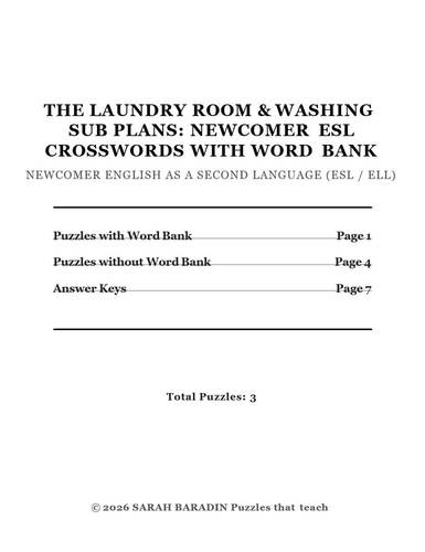 The Laundry Room & Washing Sub Plans: Newcomer ESL Crosswords with Word ...