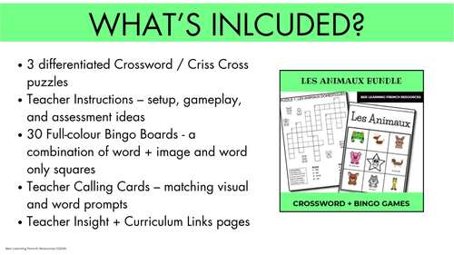 French Animals Activities Bundle | Bingo & Vocabulary Puzzles | Les Animaux