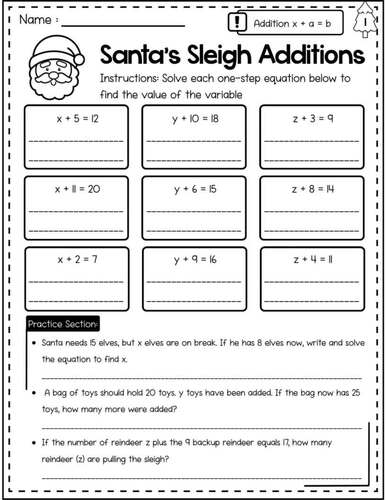 Christmas One-Step Equations Worksheets | Fun Holiday Math Practice