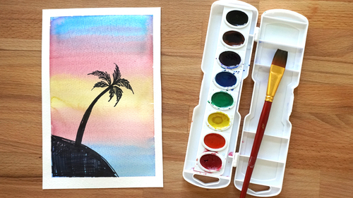 Preview of Watercolor Sunset with Silhouette Lesson (Elemetary-secondary)