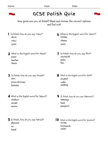 20 GCSE Foundation Level Polish Multiple Choice Quiz Worksheets PDF