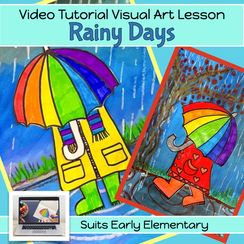 Preview of Fall - Spring Art project RAINY DAY UMBRELLAS with VIDEO GUIDE 1st - 2nd grade