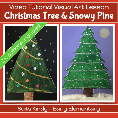 Preview of Christmas Winter Art project PINE TREES with VIDEO GUIDED lesson Kindy - 3rd
