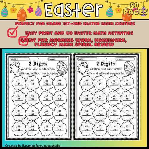 Easter 2-Digit Addition and Subtraction Mixed with and without Regrouping