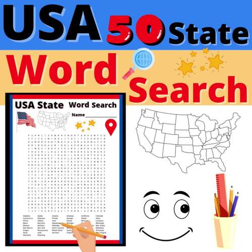 50 State Word Search Puzzle Activity USA Resource Geography No Prep