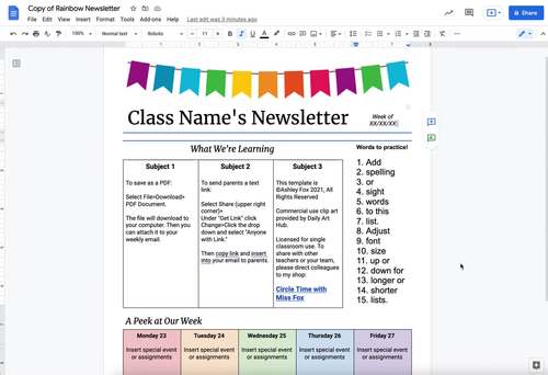 Weekly Newsletter to Parents Templates EDITABLE Google Docs Digital
