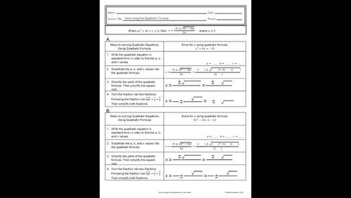 Solve Using the Quadratic Formula: Irrational Complex Solutions (Notes,Classwork