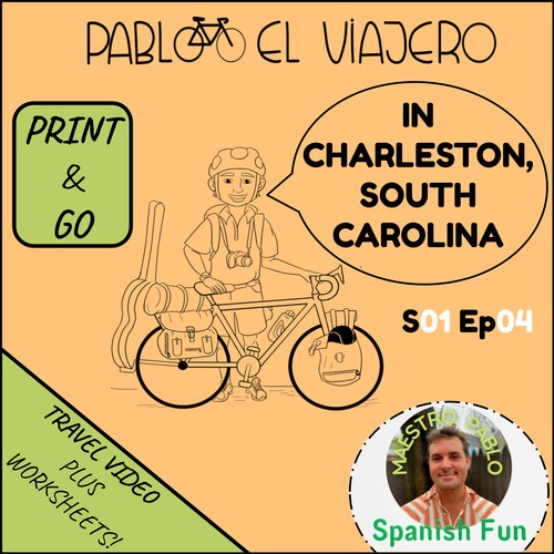 Preview of Pablo El Viajero in Charleston S.C Bike Travel Vocabulary Video and Worksheets
