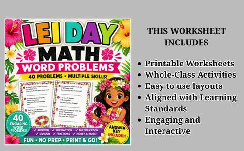 Lei Day Math Word Problems Grades 2–8 | Printable Worksheets + Answer Key