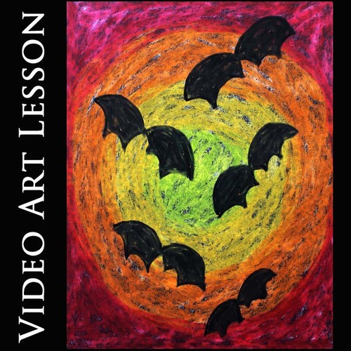 Preview of HALLOWEEN BATS Art Project | EASY OIL PASTELS Directed Drawing Video Lesson