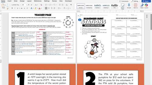 Halloween Math Review Activity Task Cards/Stations (Integers Word Problems)