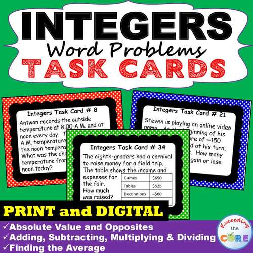 INTEGERS Word Problems Task Cards 40 Cards | GOOGLE | Distance Learning