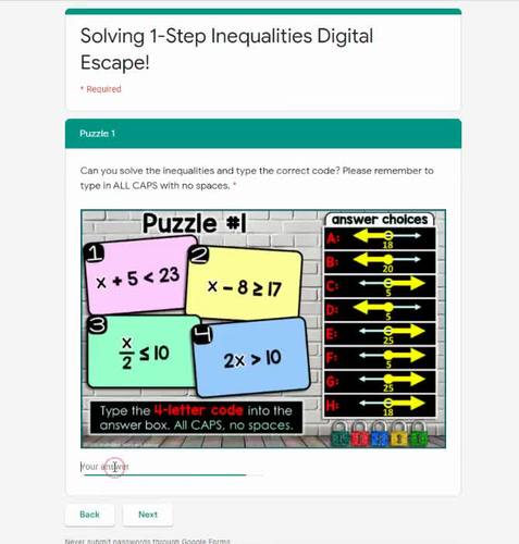 Solving 1-Step Inequalities Digital Math Escape Room | TPT