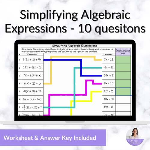 Simplifying Algebraic Expressions Digital Matching Activity for Algebra 1