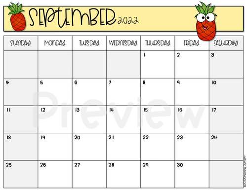 Pineapple 2025-2026 School Year Monthly Calendar | EDITABLE | TPT