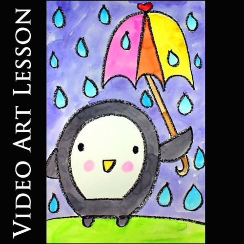 Preview of PENGUIN IN A SPRING RAIN Art Lesson | EASY Directed Drawing & Painting Project