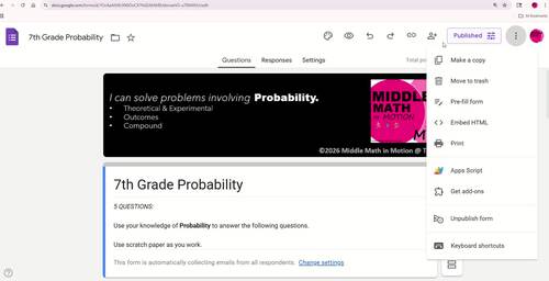 Probability GOOGLE FORM + PDF Worksheet + Entry / Exit + 7th Grade ...