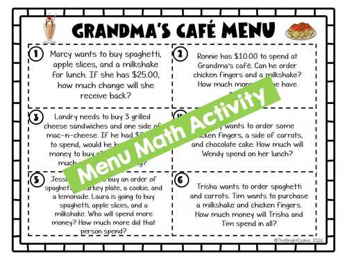 Money Word Problem Activities- Math Cafe Menu Project Toss Write Games ...