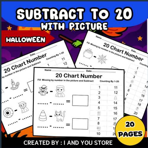 Halloween Math Worksheets Subtraction within 20 with picture | TPT