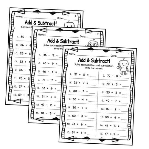 2-digit & 1-digit Addition and Subtraction Worksheets | 1st–2nd Grade Math