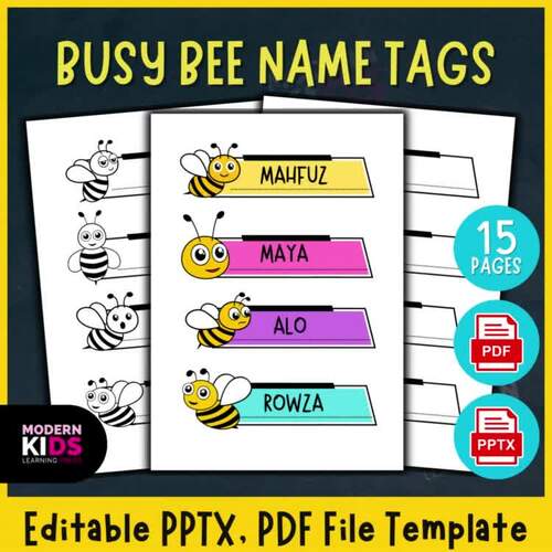 Busy Bee Name Tags Editable PPTX, PDF File Template TPT
