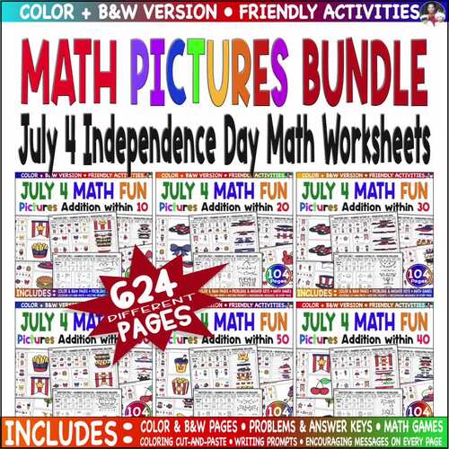 Bundle 10–100 July 4 Math Fun Pictures Addition Color Game | Holiday Math Pack