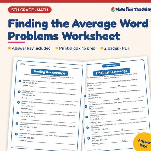 Finding the Average Word Problems Worksheet | 5th Grade Averages Practice