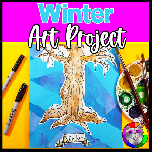 Preview of Winter Art Lesson, Winter Tree Season Art Project Activity for Elementary