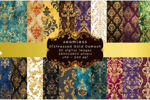 Seamless Distressed Gold Damask Digital Papers - 20 High-Quality JPG Images