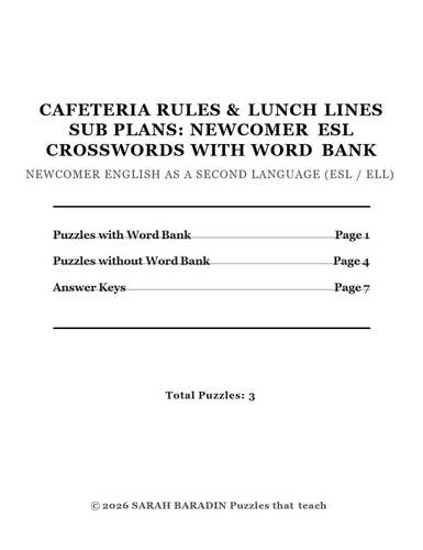 Cafeteria Rules & Lunch Lines Sub Plans: Newcomer ESL Crosswords with ...