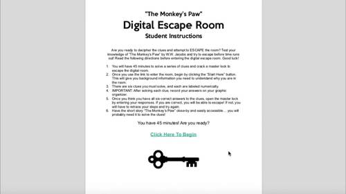 Digital Escape Room | The Monkey's Paw W. Jacobs Reading Comprehension Game