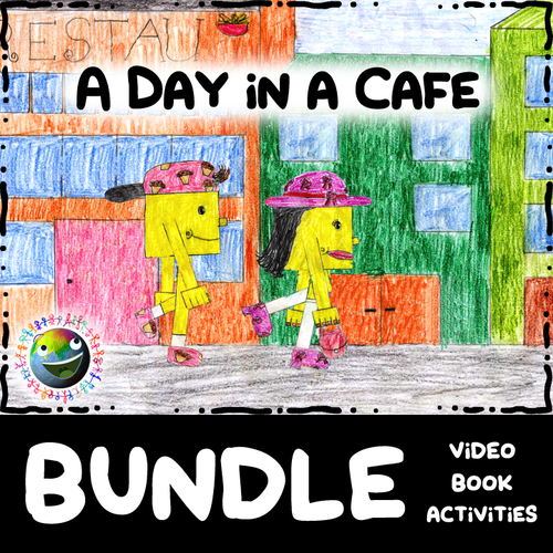 Preview of Kids Stories BUNDLE - "A Day In A Cafe" - Video, Book & Activities