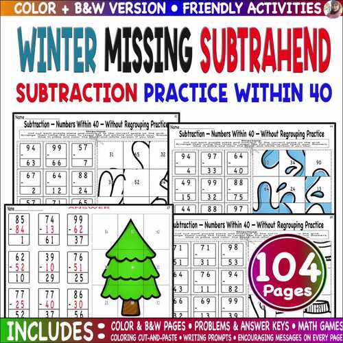 Winter Subtraction Color Code Picture Missing Subtrahend to 40 Math Pages Build