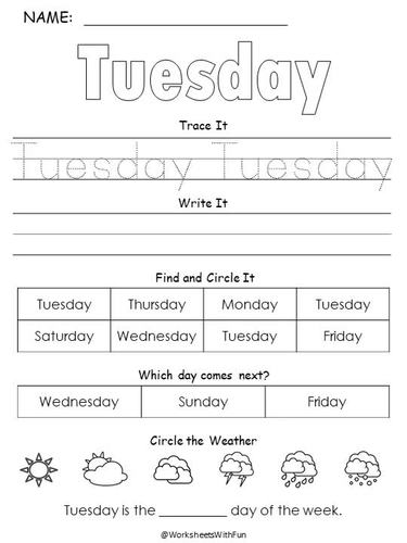 Days of the Week Printables, Kindergarten Math Worksheets, Morning Work,  T-218