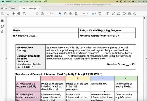 19 SMART IEP Goals WITH Rubrics for Reading Grade 7 TPT