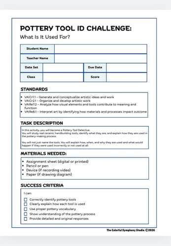 Pottery Tool ID Challenge | Ceramics Worksheets | MS & HS | Easy Prep ...