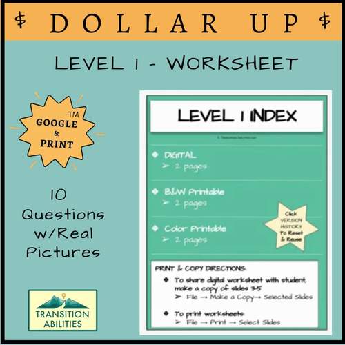 DOLLAR UP LEVEL 1 | Life Skills | Money Math Worksheet ...