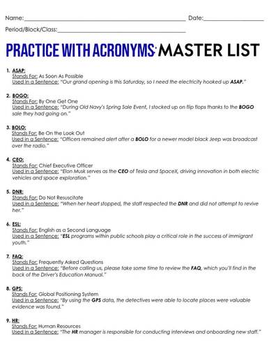 Acronyms Practice Bundle: For Secondary Students by Megan and the Middles
