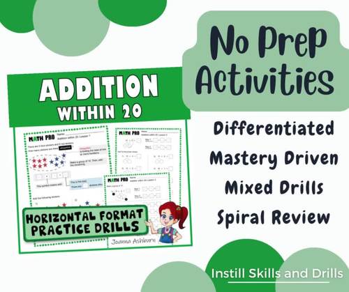 Addition within 20 Horizontal Format Practice Worksheets | TPT