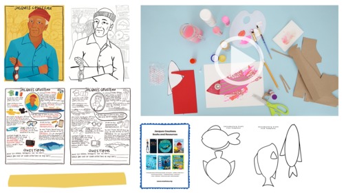 Preview of Jacques Cousteau Advanced Art Craft Lesson, Cute Fact Sheet, Printables, More!