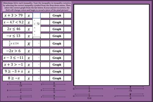 FALL Solving and Graphing One Step Inequalities- Digital Pixel Reveal