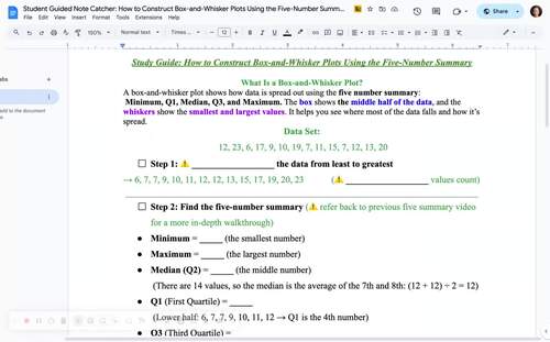 Preview of How to Create a Box Plot by Hand Using the Five-Number Summary (Video + Notes)