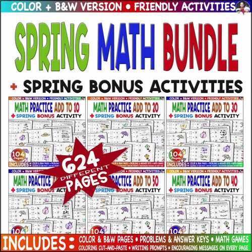 Spring Math Bundle | Grade 1–3 | Add Within 10–100 | Color Cut & Paste Picture