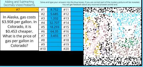 Adding and Subtracting Decimals Word Problems 6th Pixel Art Digital ...
