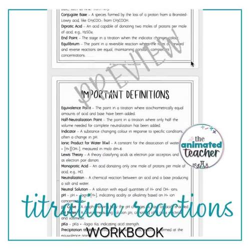Chemistry acid-base titration worksheet booklet, labs and slides