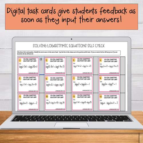 Solving Logarithmic Equations Task Cards with Digital Self Check Version